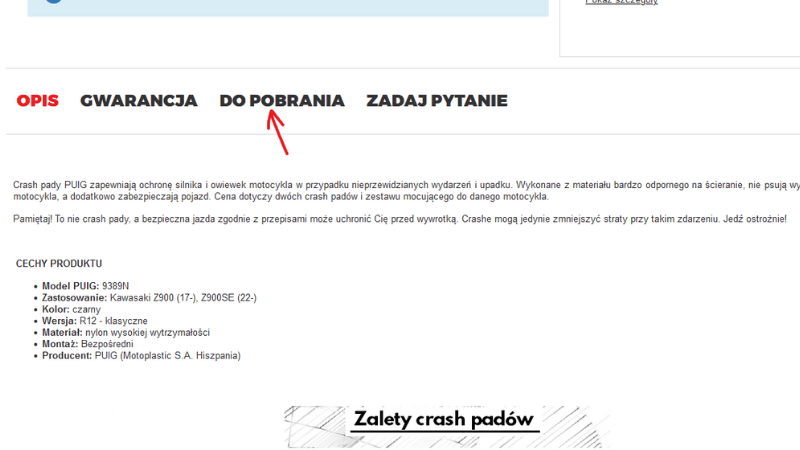 Fragment karty produktu crash padów PUIG do Kawasaki Z900 w sklepie Moto-tour, strzałka pokazuje zakładkę 