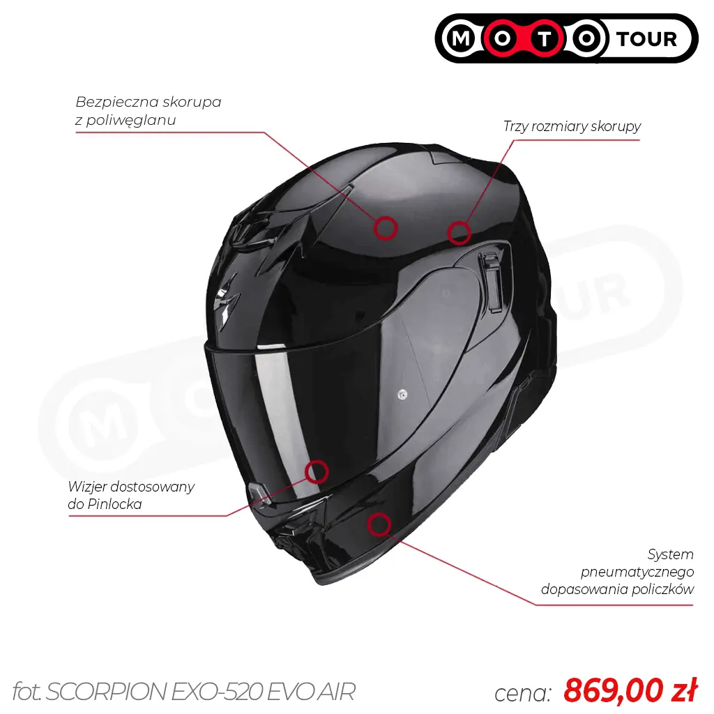 Ikonografia przedstawiająca cechy kasku integralnego do 1000 zł - Scorpion Exo-520 Evo Air