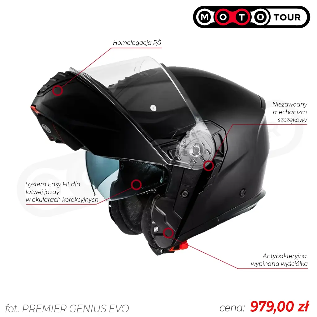 Ikonografia przedstawiająca cechy kasku szczękowego do 1000 zł - Premier Genius Evo