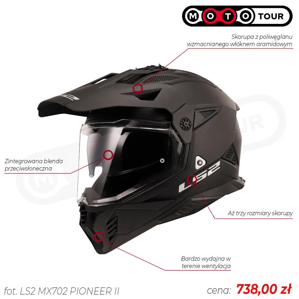 Ikonografia przedstawiająca cechy kasku adventure do 1000 zł - LS2 MX702 Pioneer II