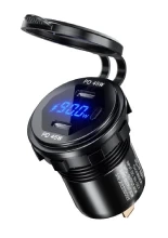 Podwójne gniazdo USB Typ C PD z woltomierzem Biketec mocowane na owiewkę lub kierownicę czarne