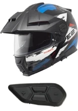 Zestaw: Kask szczękowy Schuberth E2 Trail czarno-biało-niebieski matowy + dedykowany interkom motocyklowy