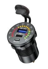 Podwójne gniazdo USB (Typ C PD + QC3.0) z woltomierzem Biketec mocowane do owiewki lub kierownicy czarne