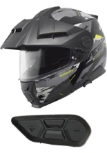 Zestaw: Kask szczękowy Schuberth E2 Trail czarno-szaro-żółty matowy + dedykowany interkom motocyklowy